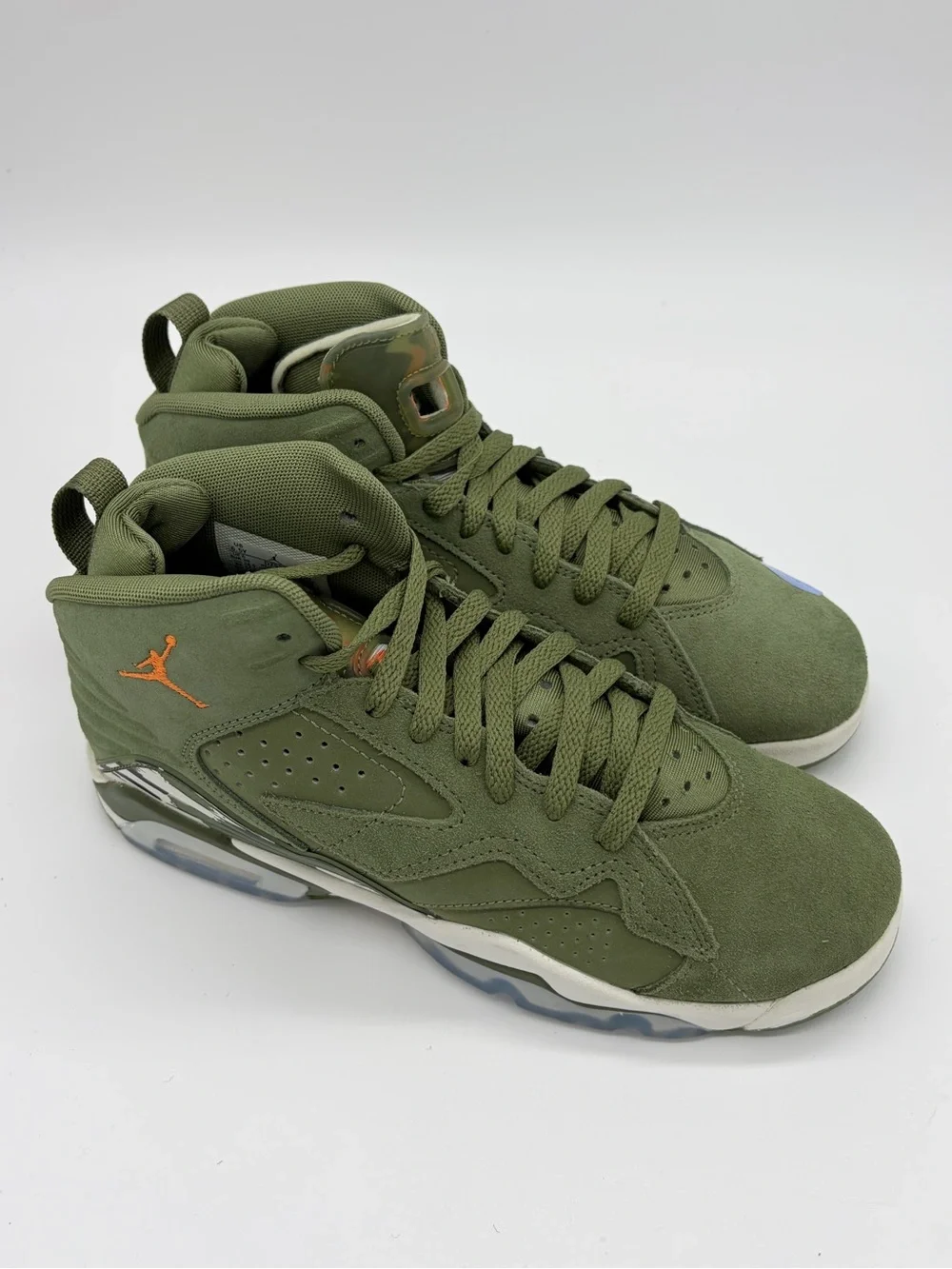 Jordan Youth High-Top Sneakers in Olive Green with Orange Jumpman